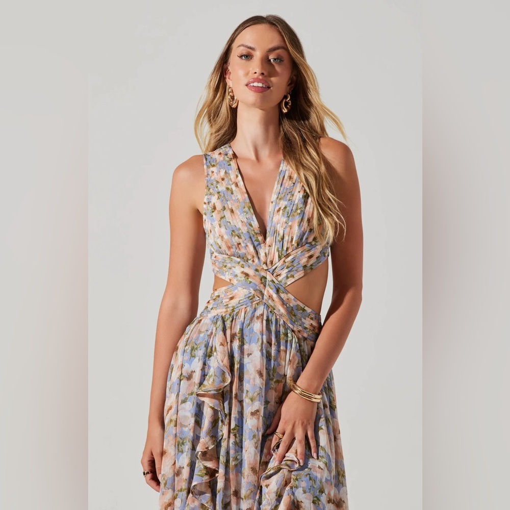 New ASTR Noya Floral Ruffle Cutout Lace Up Maxi Dress Revolve - Picture 3 of 8